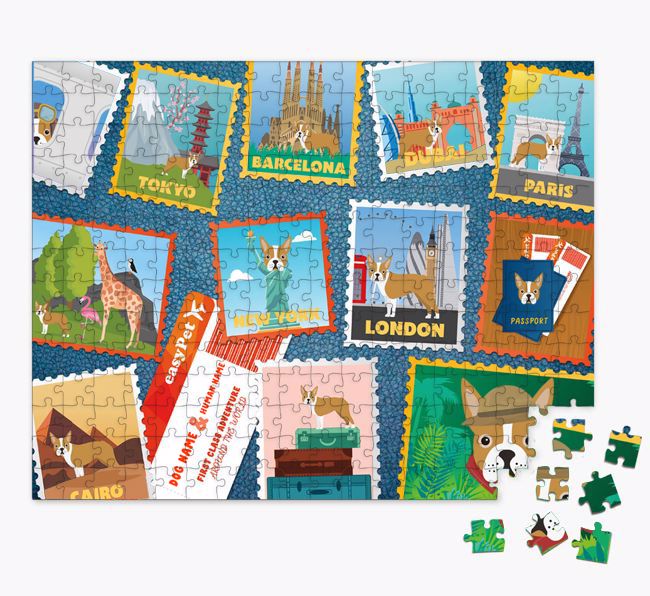 Around The World Adventure: Personalized {breedFullName} Jigsaw